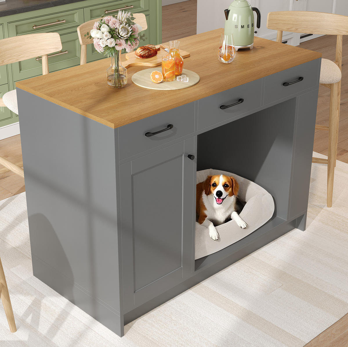KÜCHENINSEL mit 3 Schubladen und Regalboden 120 x 60 x 90 cm Grey - Naturfarben, Holz (60/90/120cm) - Beauniv