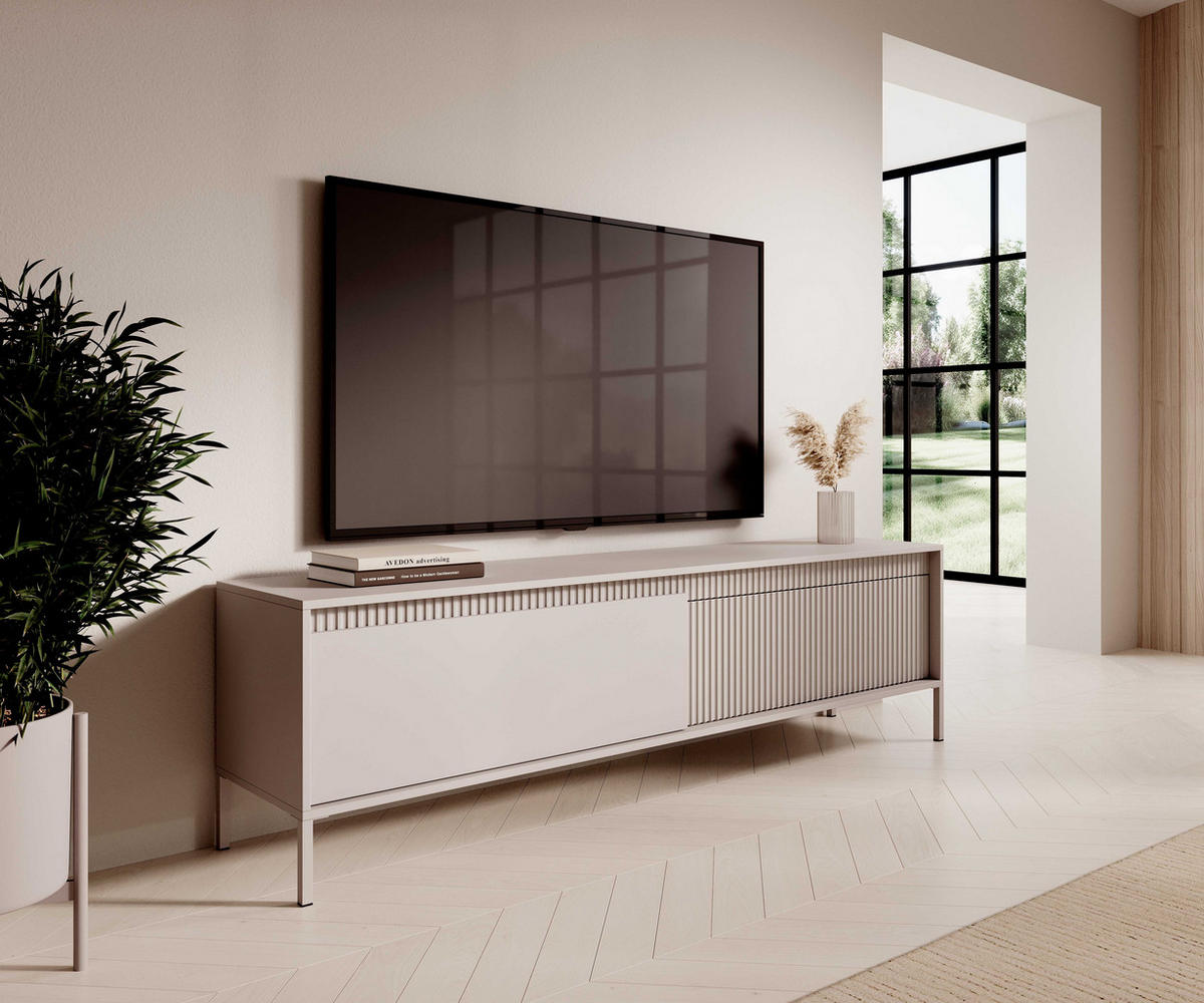 TV LOWBOARD SENSO, Geriffelte MDF-Fronten, Push-to-Open, Metallbeine, 40x188x54 cm, Beige - Beige/Creme, Holz/Holzwerkstoff (188/54/40cm) - DomoHome