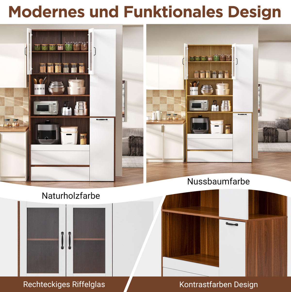 HIGHBOARD 100/40/200 cm mit Auszugsablage, Riffelglas und 2 Schubladen aus MDF, Weiß/Nussbaum - Weiß/Braun, Holzwerkstoff (100/200/40cm) - Redom