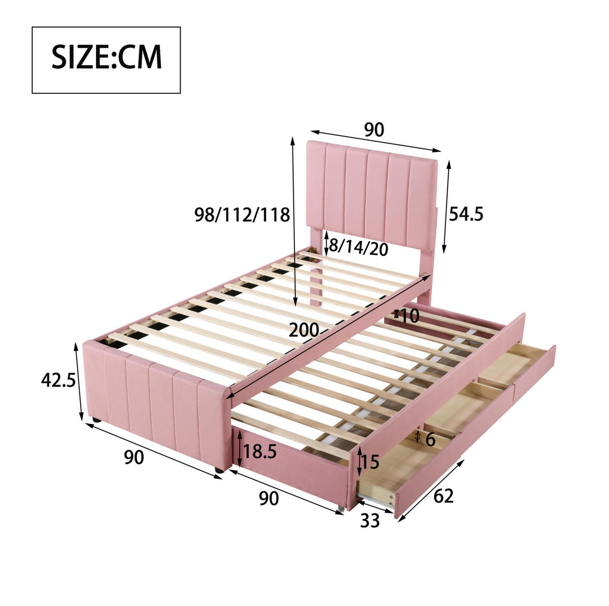 POLSTERBETT 90/200 cm mit Ausziehbett, 3 Schubladen und höhenverstellbarem Kopfteil, Leinenbezug, Rosa - Pink, Textil (90/200cm) - Redom