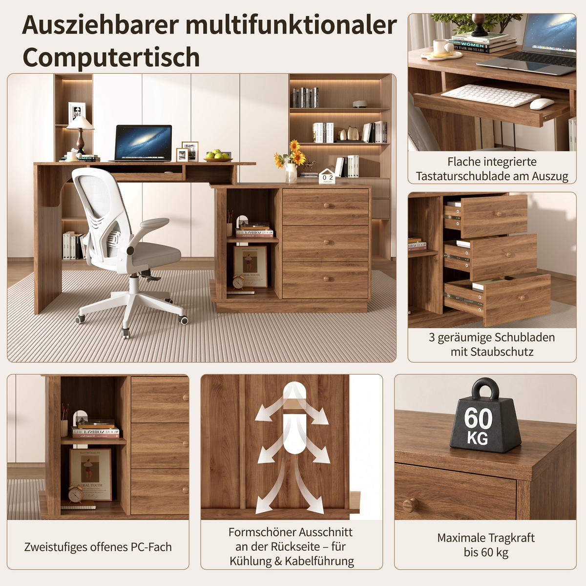 SCHREIBTISCH ausziehbarer Multifunktions-Computertisch 110cm - Walnussfarben, Holzwerkstoff (40/110/75.5cm) - Gisaae