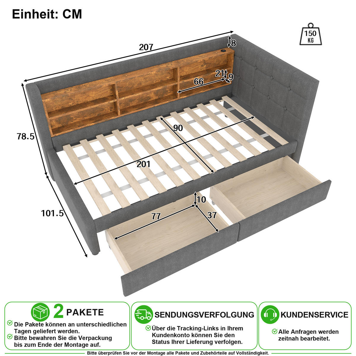 POSTEL 90/200 cm v šedé barvě se 2 zásuvkami, USB, Type-C a policemi - šedá, kov/kompozitní dřevo (90/200cm) - CHICFURN