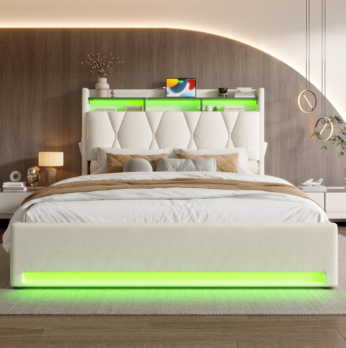 POLSTERBETT 140/200 cm in Beige aus Samt mit LED-Beleuchtung und Stauraum - Beige, Textil (140/200cm) - Flora Grace