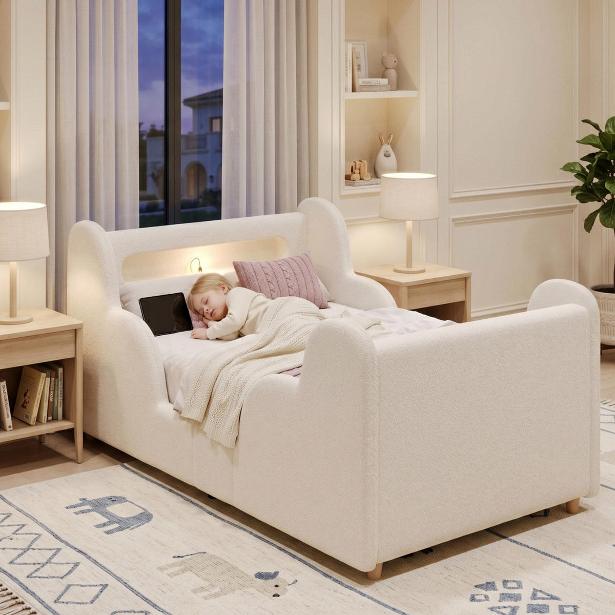 KINDERBETT Beige Bouclé 90x200 Schutzgeländer Massivholz - Beige, Leder (90/200cm) - FLIEKS