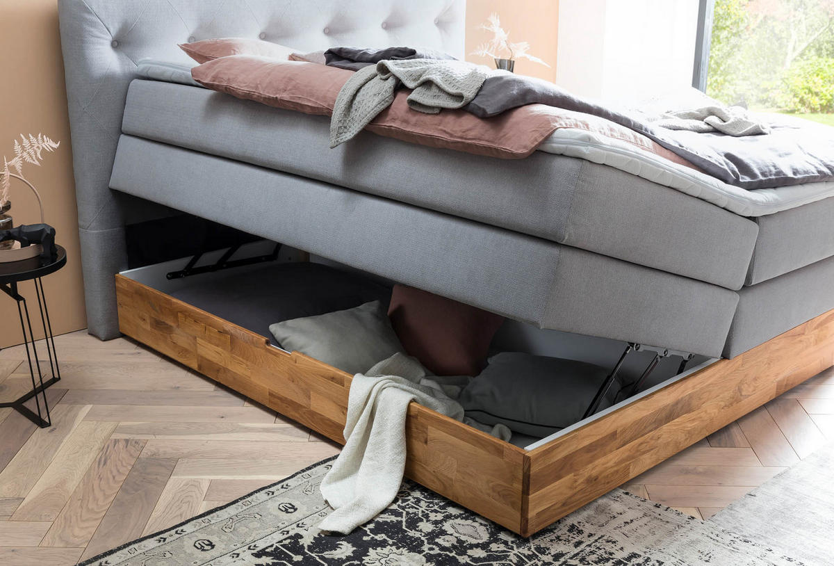 BOXSPRINGBETT MARBO 180x200 Hellgrau H2 und H3 mit Bettkasten 7-Zonen Taschenfederkern Matratze inkl. Visco Topper und Eiche - Hellgrau, Textil (180/200cm) - Belanoti