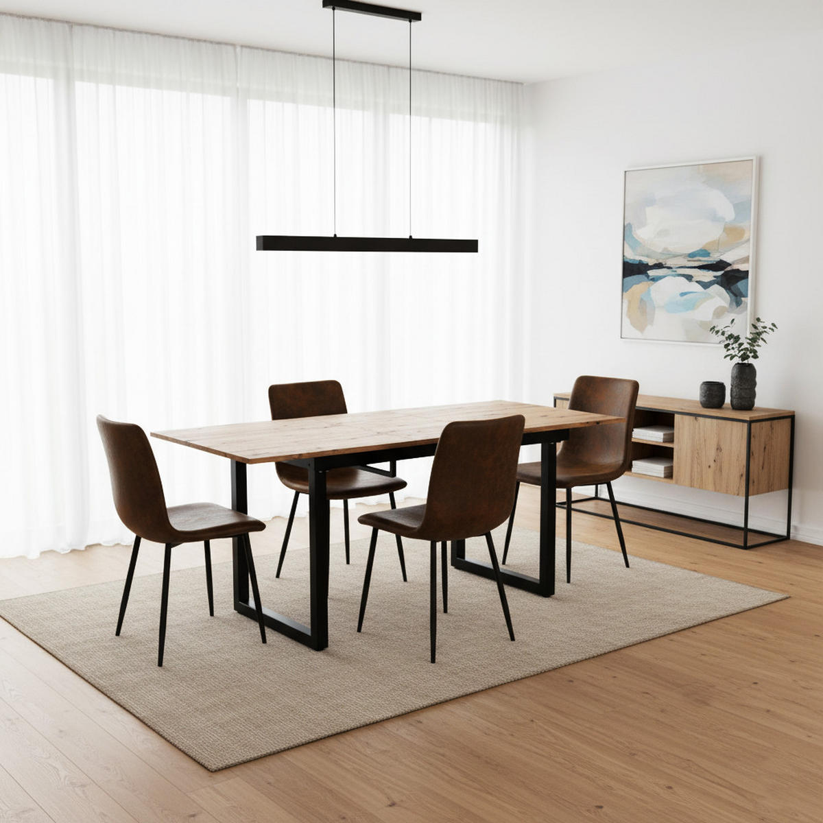 TISCHGRUPPE 5-teilig Ausziehtisch 140–180 cm U-Gestell & 4 Polsterstühle Vintage-Braun - Schwarz/Eiche San Remo, Holzwerkstoff/Textil (180/75/80cm) - Urban Meuble