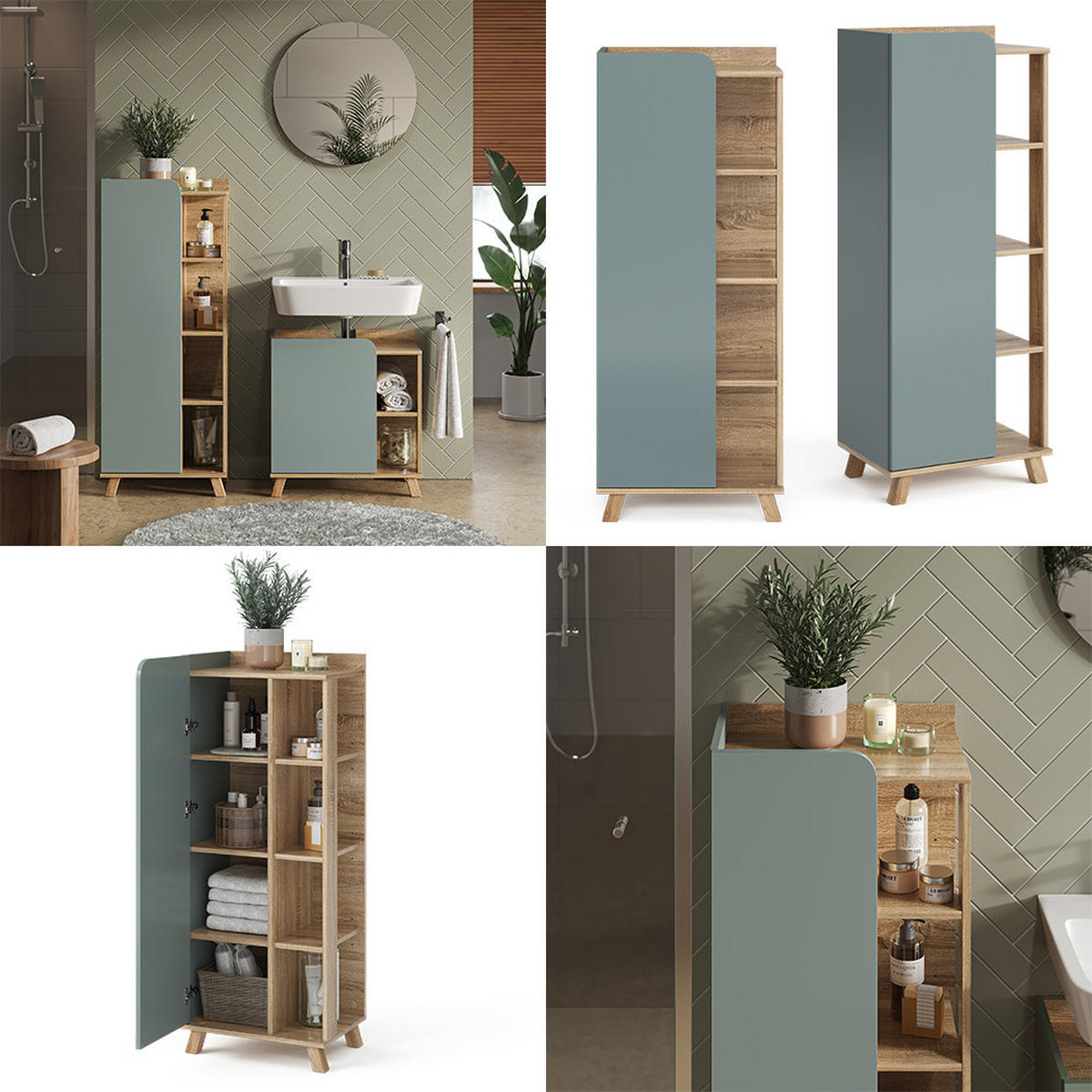 MIDISCHRANK Karen Blau-Grau 50 x 128 cm mit Tür und offenen Fächern - Dunkelblau/Sonoma Eiche, Holzwerkstoff (50/128/35cm) - Vicco