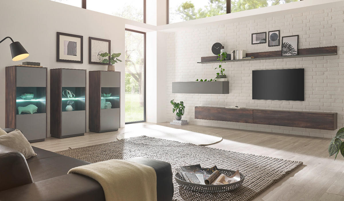 WOHNWAND Thermo Eiche, grau, Wohnkombination 4-teilig 380 cm mit Soft-Close - Eichefarben/Grau, Holzwerkstoff (380/200/30cm) - Furn.Design