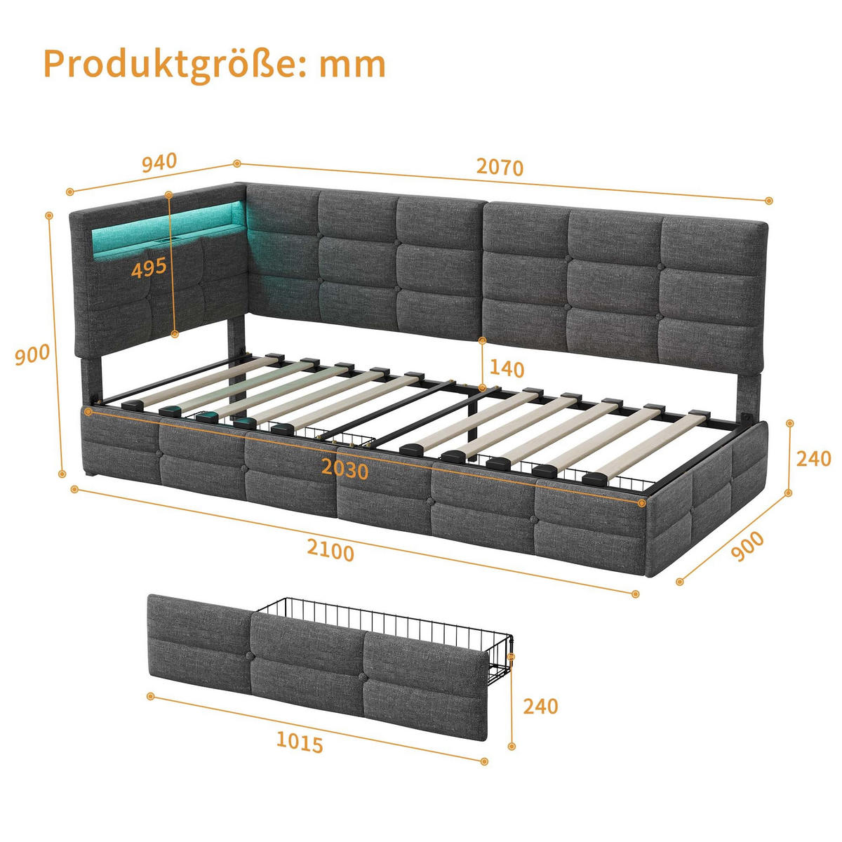 POLSTERBETT 90x200 cm - L-Form - mit LED, USB & 2 Schubladen Leinen Grau - Grau, Textil (90/200cm) - DELFA