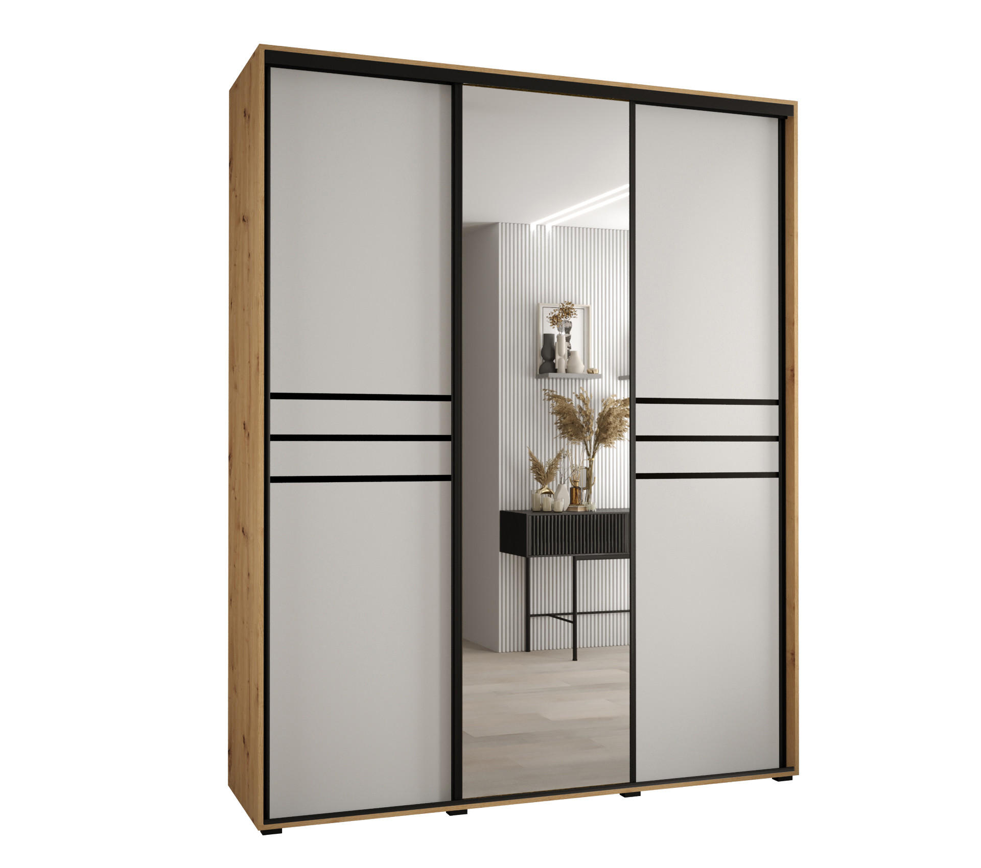 Abiks Möbel Schwebetürenschrank Eiche Artisan, Weiß, Schwarz 190x235x60 cm