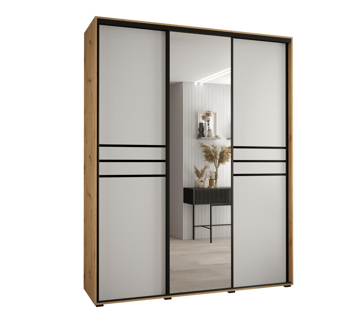 SCHWEBETÜRENSCHRANK 235,2/190/45 3-türig - Schwarz/Weiß, Holz/Metall (190/235/45cm) - Abiks Möbel