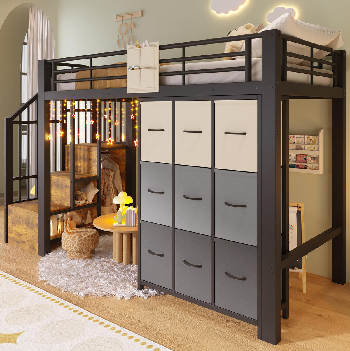 HOCHBETT 90/200 cm Schwarz aus Metall mit Schubladen und Kleiderstange - Schwarz, Metall (90/200cm) - MIVRAY
