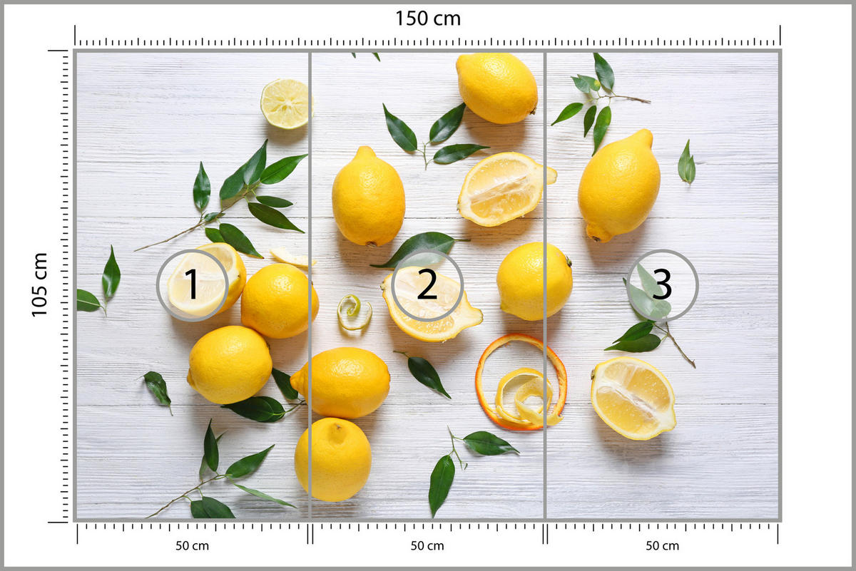 FOTOTAPETE für Küche Zitronen Holztisch Blätter Frisch Rustikal 150x105 - Gelb/Weiß, Papier (150/105cm) - Muralo