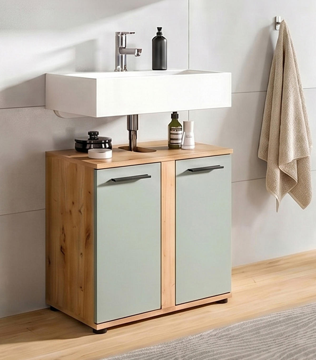 WASCHBECKENUNTERSCHRANK Salbei, Artisan Eiche, Badezimmer Unterschrank 60 cm - Salbeigrün/Schwarz, Holzwerkstoff/Kunststoff (60/57/34cm) - Inn.Furn