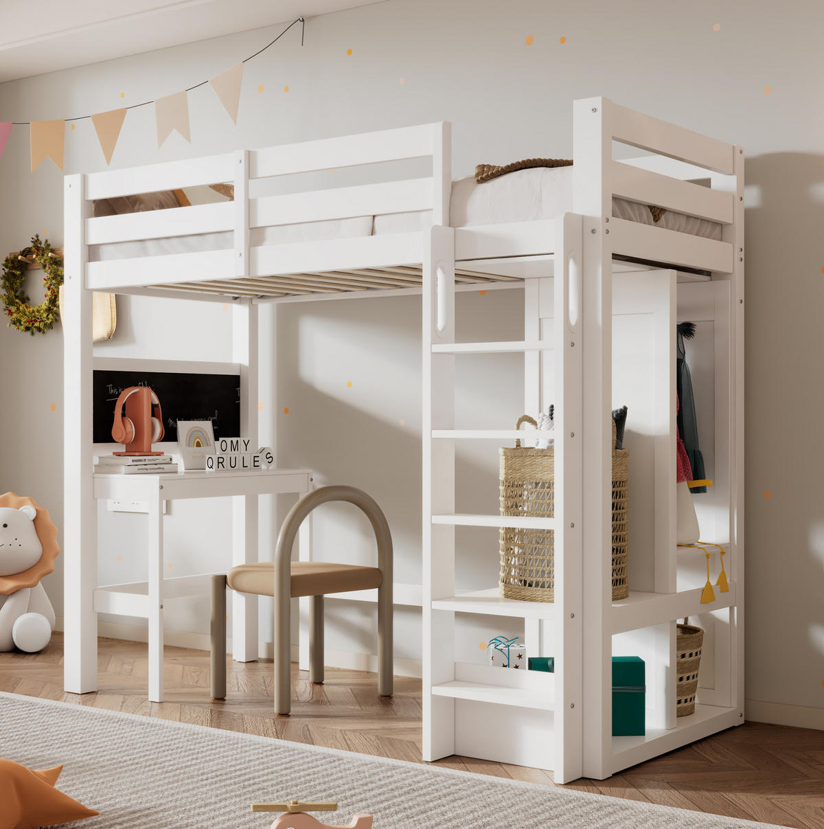HOCHBETT 90/200 cm aus Holz mit Schreibtisch und offenem Kleiderschrank Weiß - Weiß, Holzwerkstoff (90/200cm) - Modenvie