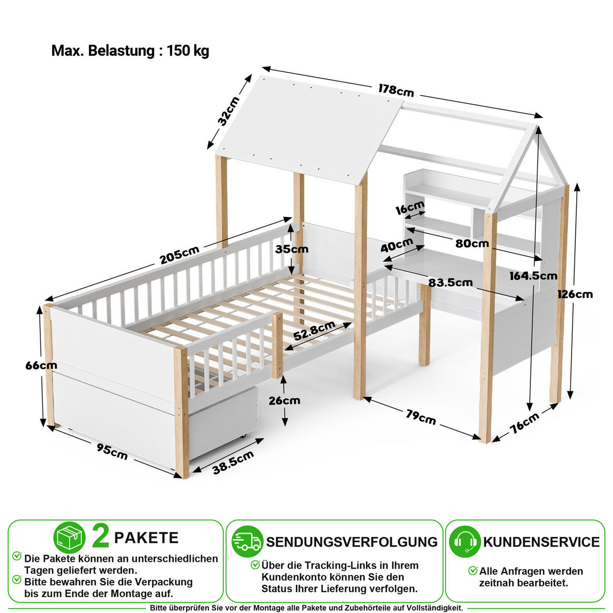 KINDERBETT 90/200 cm in Weiß & Natur mit 2 Schubladen, Schreibtisch und Regal - Weiß, Holz/Holzwerkstoff (90/200cm) - CHICFURN