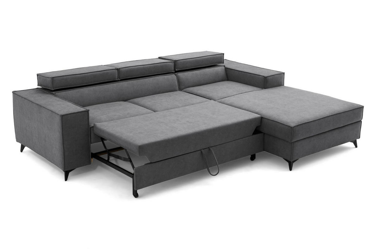 ECKSOFA PURE S Rechts mit Schlaffunktion 127x215 Velours Grau - Schwarz/Grau, Holz/Textil (204/281cm) - Muffo