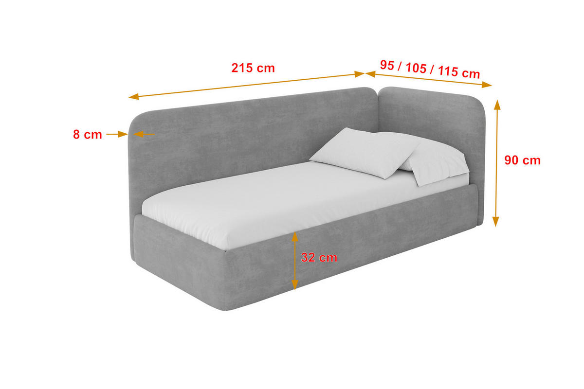 EINZELLBETT Jugendbett mit Bettkasten und Matratze H3/H4, Links - ELSY 100x200 Grau - Hellgrau, Holzwerkstoff/Textil (100/200cm) - ALTDECOR