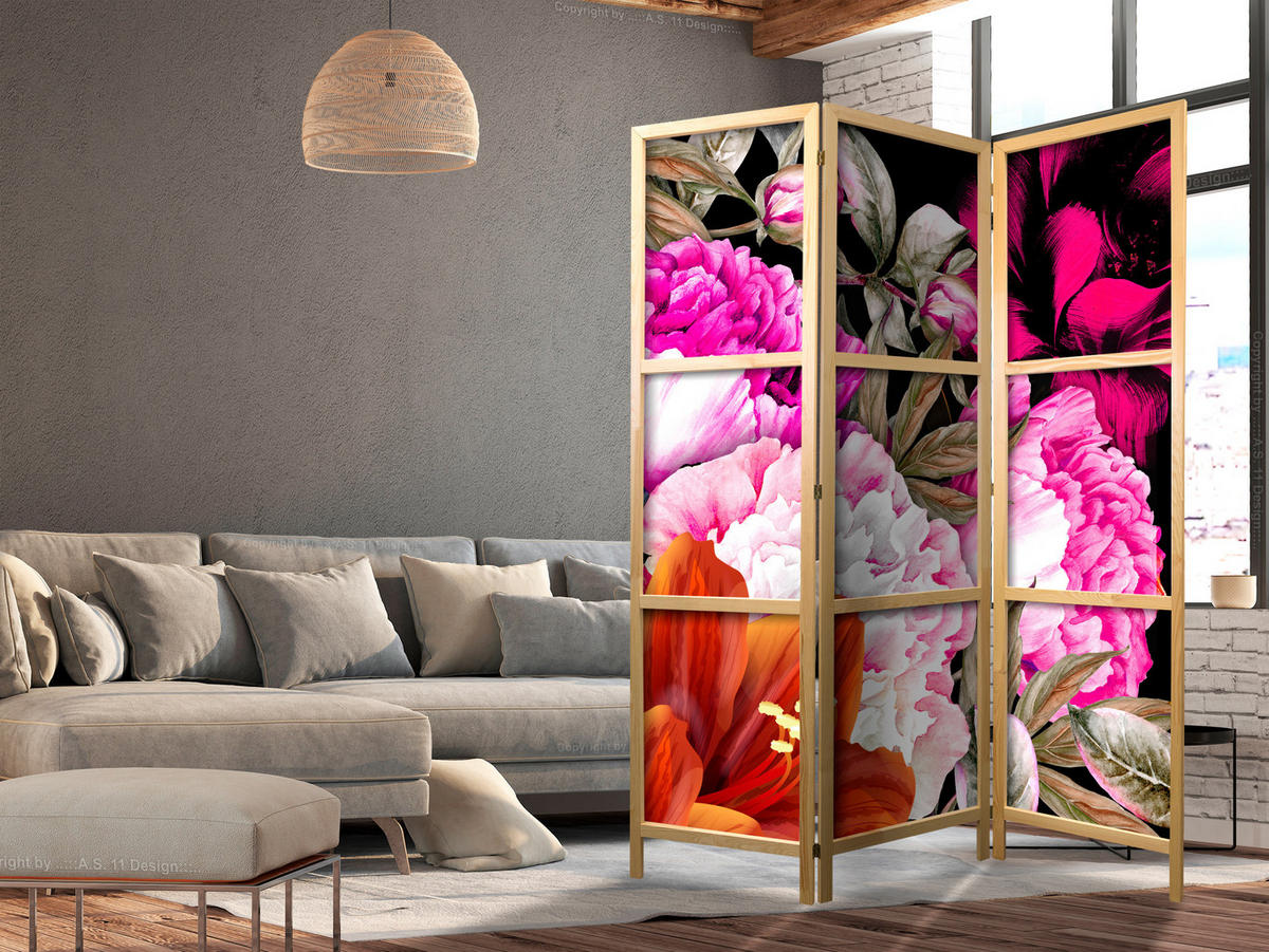 PARAVENT Japanischer 3-tlg 135x172 cm Bunte Blumen - Multicolor, Holz/Textil (135/172/3cm) - Muralo