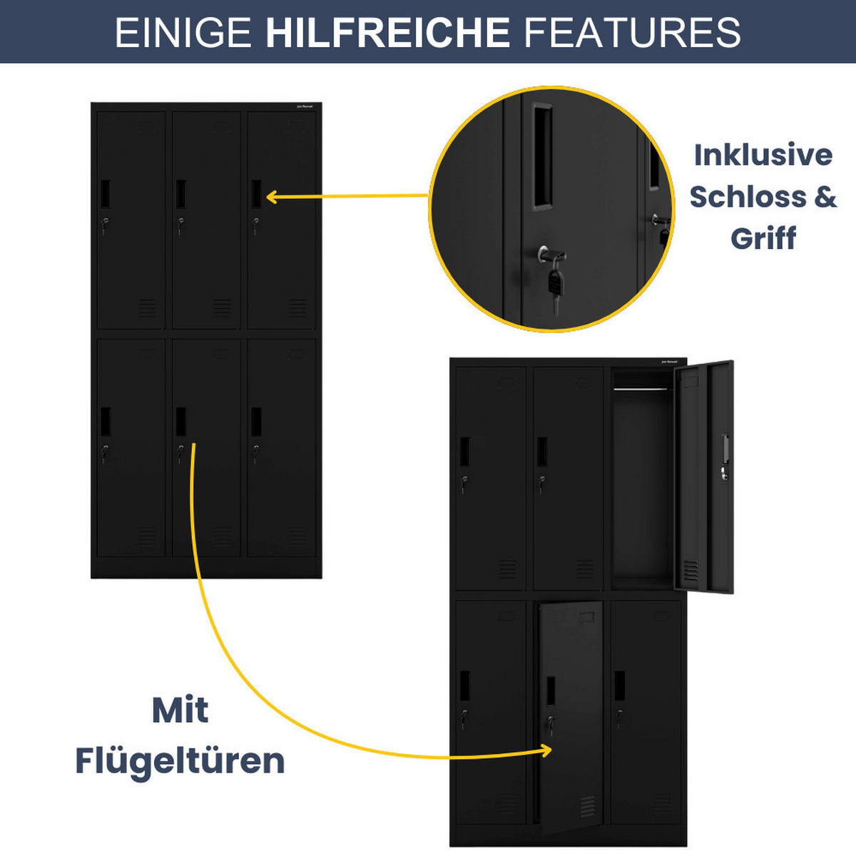 UMKLEIDESCHRANK Spind TOKIO 6 Abteile 185x90x45cm Schwarz - Schwarz, Metall (90/185/45cm) - DELUKE