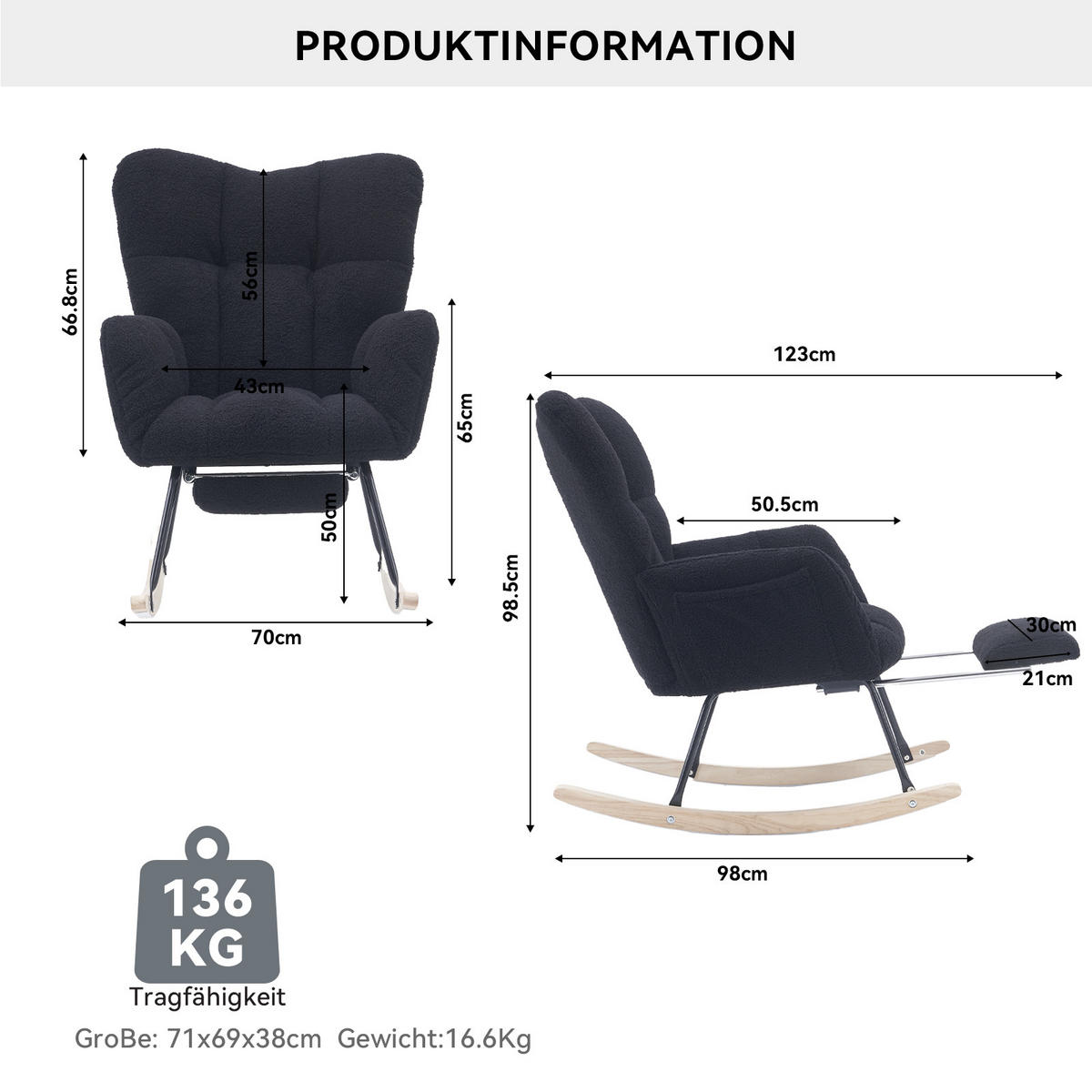 SCHAUKELSTUHL Teddy-Stoff mit klappbarer Fußablage 80/98/98.5 cm Schwarz - Schwarz, Textil (98/98.5/80cm) - Redom