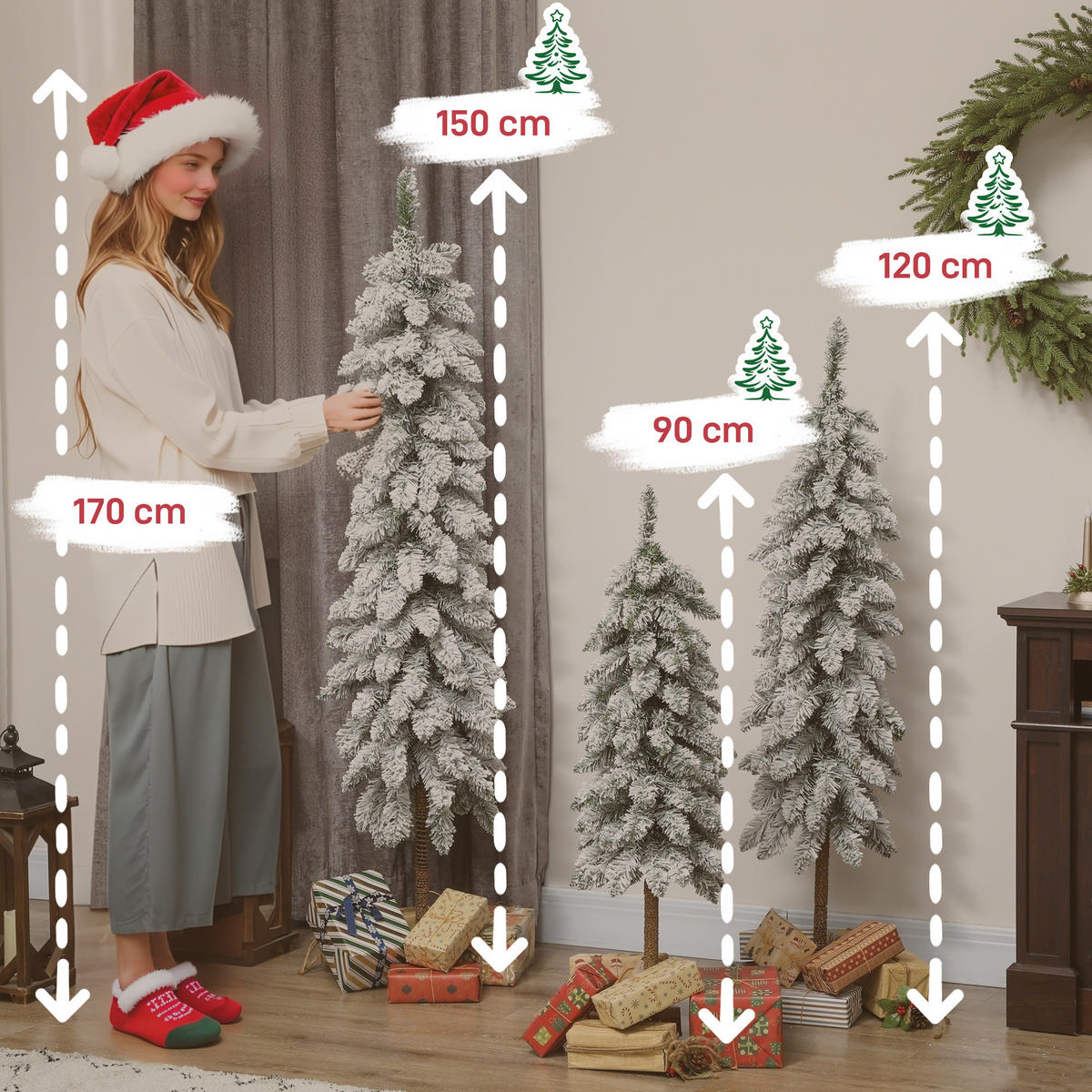 WEIHNACHTSBÄUME DE-41613 3er-Set schneebedeckt 90/120/150 cm Grün/Weiß - Weiß/Grün, Kunststoff (150cm) - ComfortXL