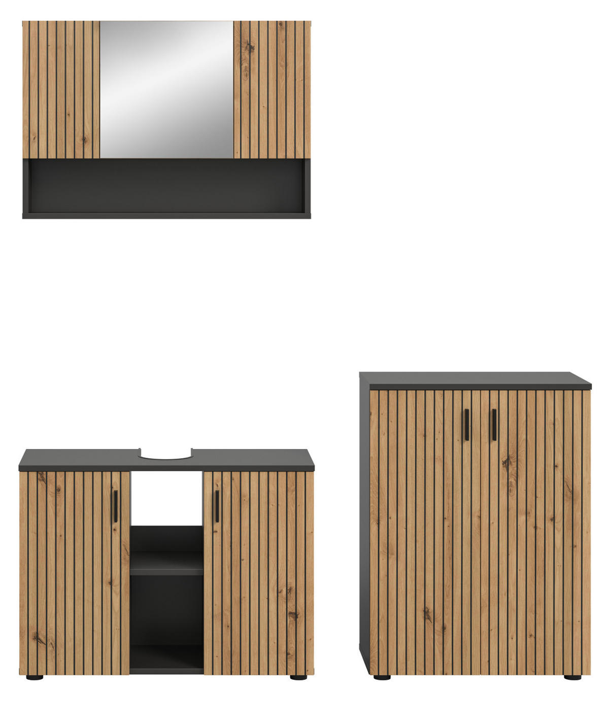 BADMÖBEL-SET Eiche, grau 3-teilig 155 cm, Badmöbel mit Rillen, Livia - Schwarz/Eiche Artisan, Glas/Holzwerkstoff (155/180/30cm) - Inn.Furn