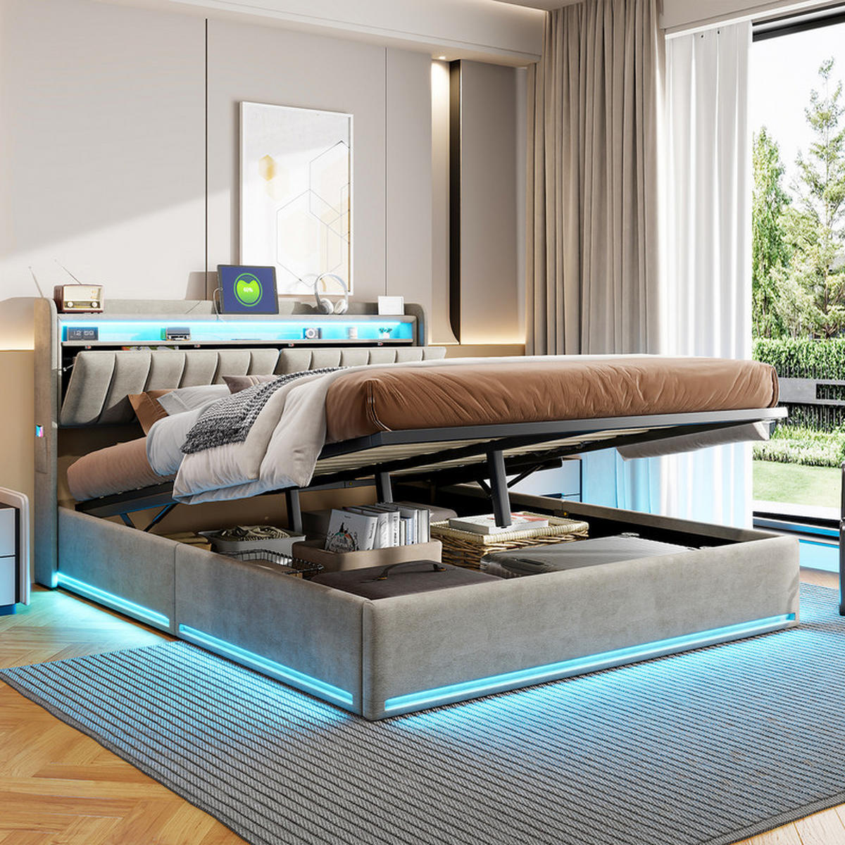 POLSTERBETT 160x200 cm mit LED-Beleuchtung & Klappfunktion, Lattenrost, Samt in Grau, modernes Stauraumbett mit Lichteffekt - Grau, Holz (160/200cm) - WoodenAura
