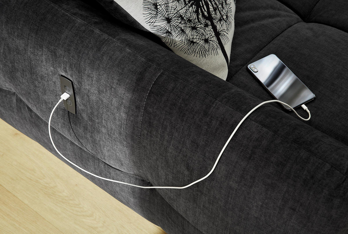 ECKSOFA mit elektrische Sitztiefenverstellung, Kopflehnen verstellbar, USB-C und -A Ladefunktion B260/T191/H106 cm, Velours Anthrazit Schwarz / 15406 - Anthrazit/Multicolor, Kunststoff/Textil (260/191cm) - luma-home
