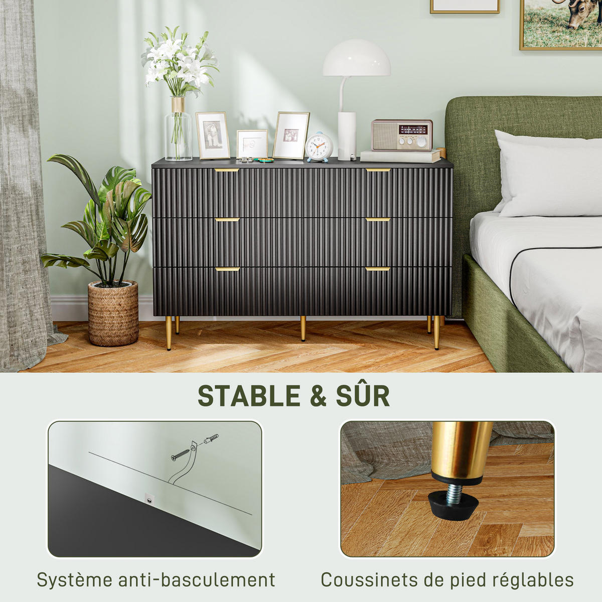 KOMOODE DE-12895 6 Schubladen, goldene Griffe und Füße Schwarz - Schwarz, Holzwerkstoff (120/76.5/40cm) - ComfortXL