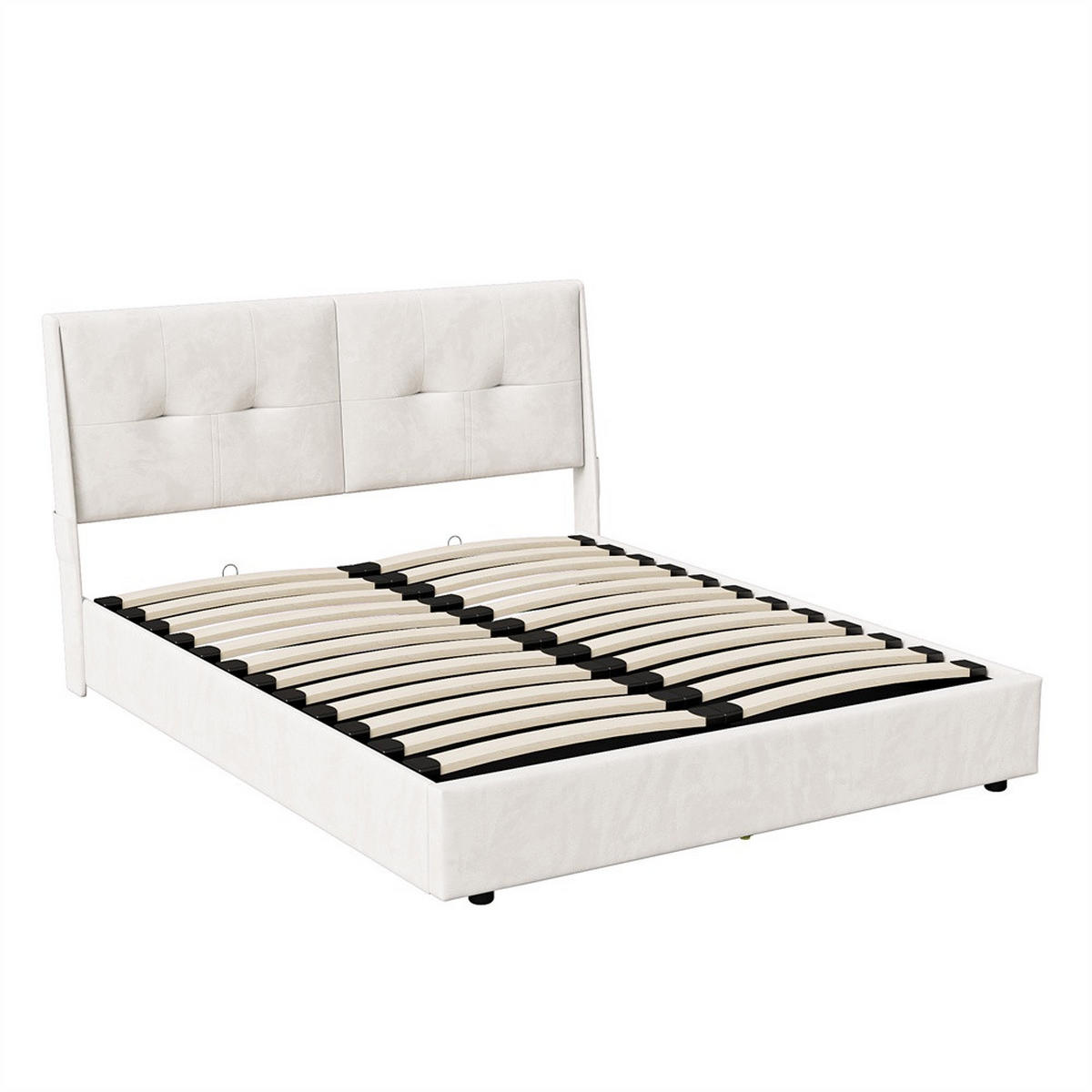 POLSTERBETT 140x200 cm - Hydraulisches Stauraumbett mit LED-Beleuchtung und praktischen Seitentaschen - ohne Matratze - Beige - Beige, Textil (140/200cm) - DELFA