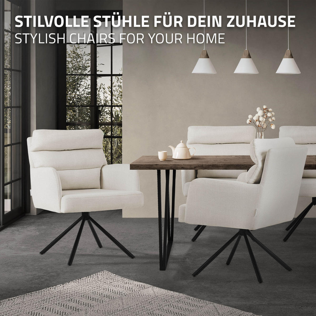 ESSZIMMERSTUHL 2er Set drehbar Beige Stoffbezug - Beige/Schwarz, Textil/Metall (64.5/93/64cm) - ML-DESIGN