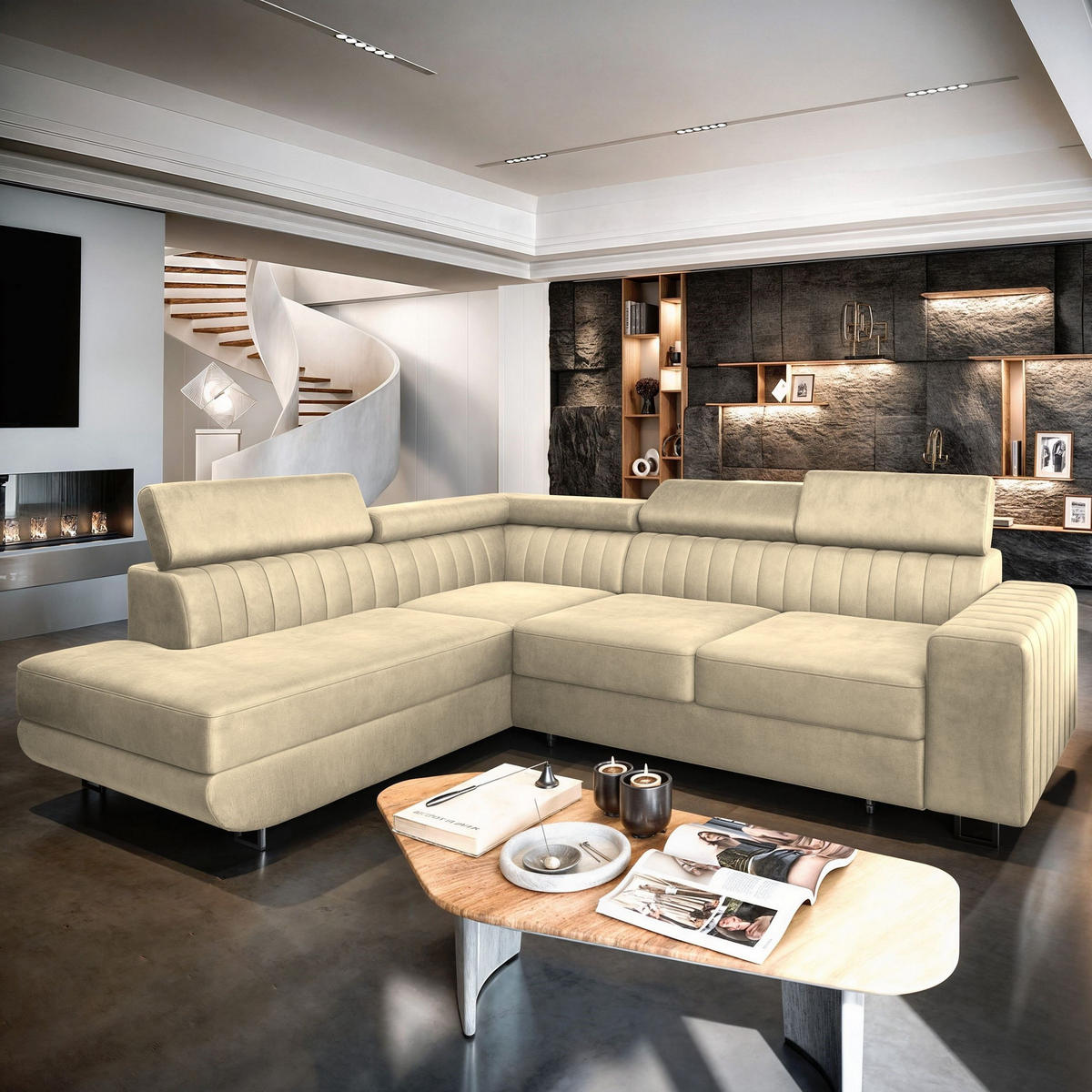 ECKSOFA NOLA L-S Creme Velours-Stoff mit Schlaffunktion - Creme, Holz (253/190cm) - MASSENO