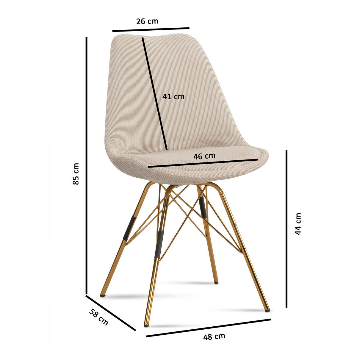 ESSZIMMERSTUHL 2er Set Cordstoff mit Metallgestell Schalenform Skandinavisch gepolstert, Beige 48x58x85 cm - Beige/Goldfarben, Textil/Metall (48/85/58cm) - KADIMA DESIGN