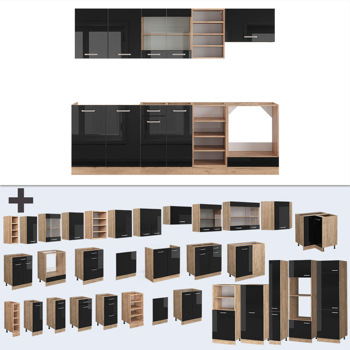 KÜCHENZEILE R-Line Schwarz Hochglanz/Goldkraft Eiche 240 cm, AP Marmor - Schwarz Hochglanz/Eiche Wotan, Holzwerkstoff (240/81.6/60cm) - Vicco