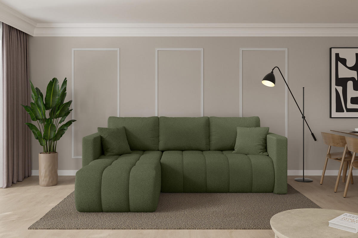 ROHOVÁ SEDAČKA s funkcí spaní, otoman vlevo GARD-L 226x146x85 zelená bouclé - černá/zelená barva, kompozitní dřevo/textil (226/146cm) - ALTDECOR