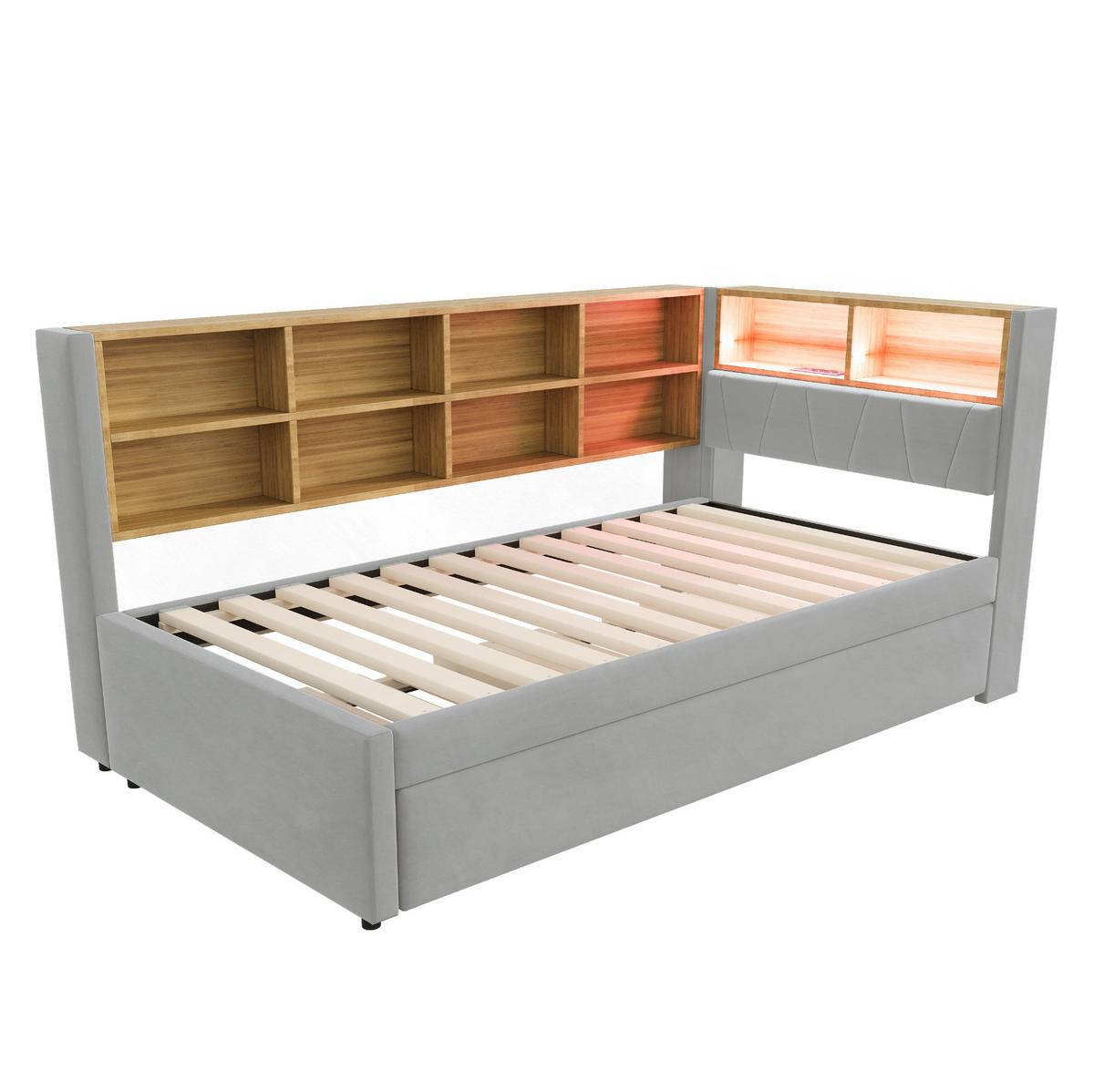 POLSTERBETT aus Flanell 90x200 cm Hellgrau mit Ausziehbett, LED, USB-C, Steckdose und Stauraum - Hellgrau, Textil (90/200cm) - Modfu