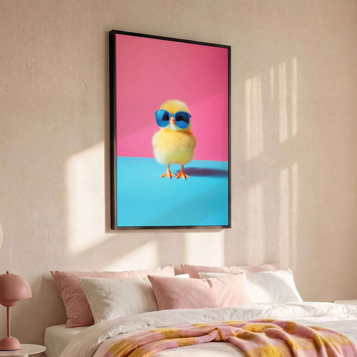 LEINWAND Bilder mit Rahmen - Chick - Sonnenbrille - Blau - 90x140 - Pink, Textil (90/140cm) - MuchoWow