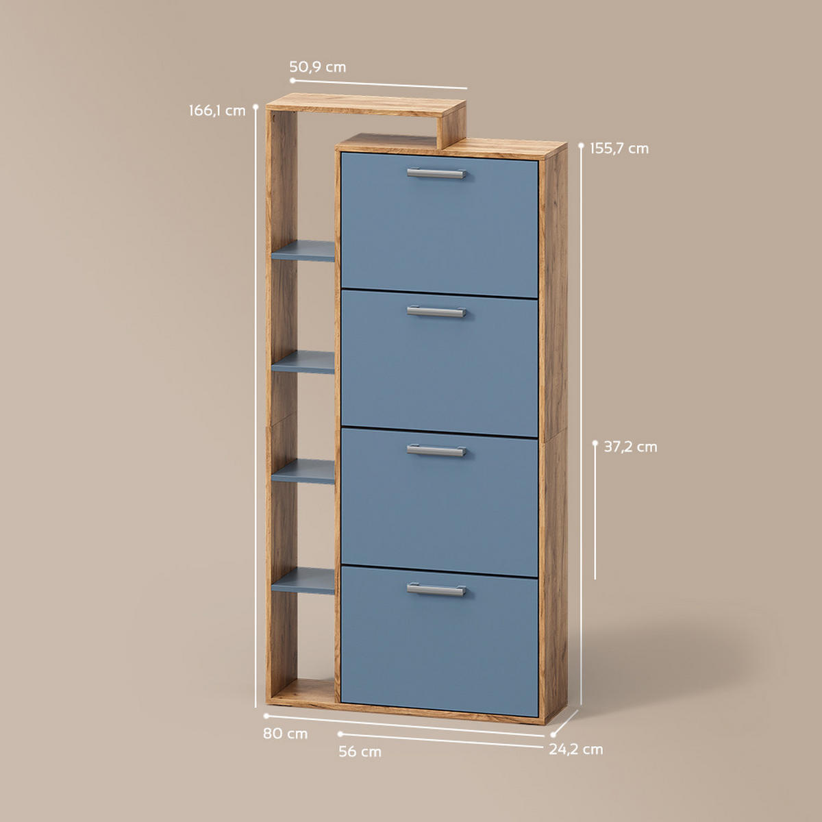 SCHUHKIPPER Ortello Goldkraft Eiche/Blau 80 x 166.1 cm mit 4 Fächern - Eichefarben/Dunkelblau, Holzwerkstoff (80/166.1/24.2cm) - Livinity®