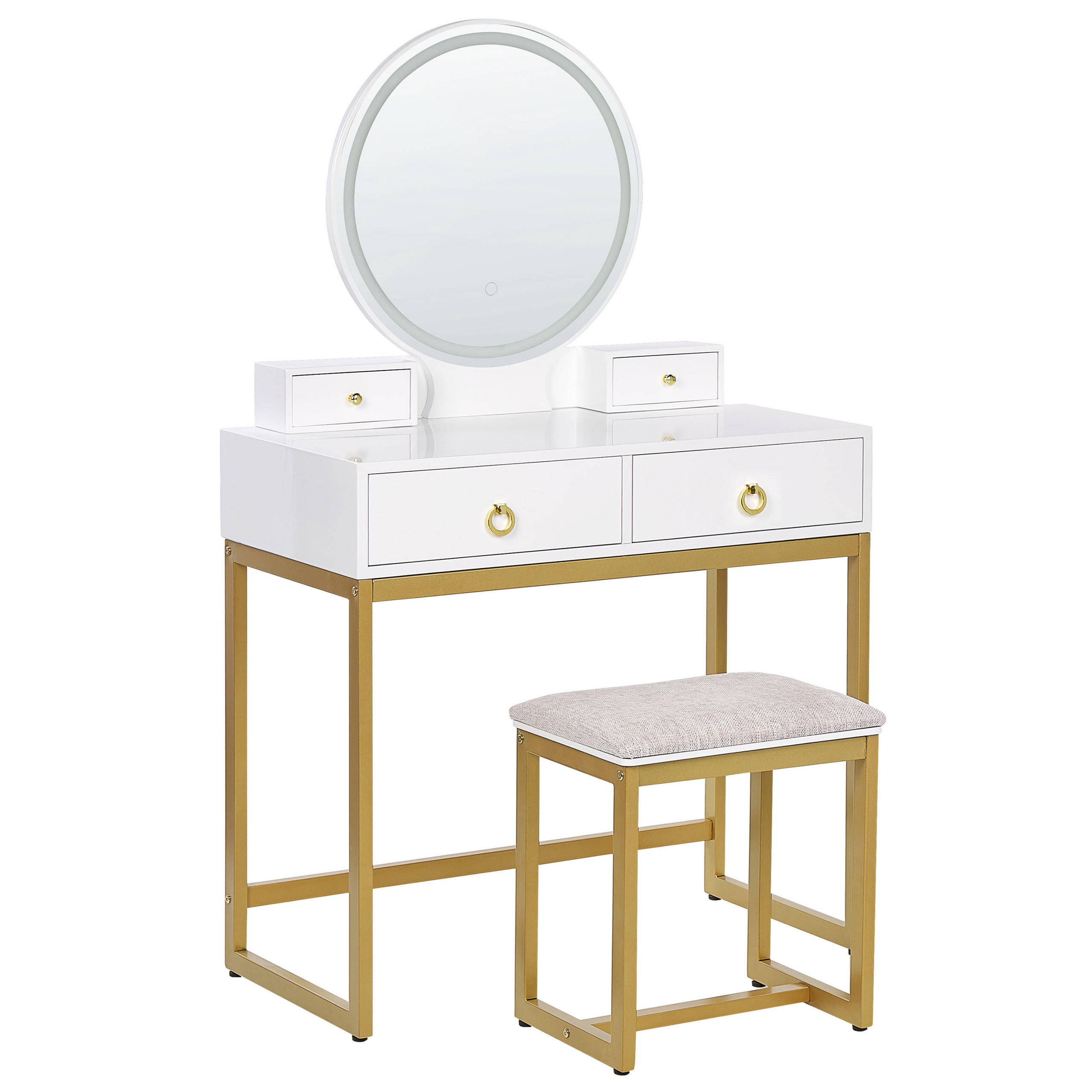 SCHMINKTISCH mit rundem LED-Spiegel Hocker 4 Schubladen weiß/gold Auxon - Beige/Goldfarben, Holzwerkstoff (80/132/40cm) - Beliani
