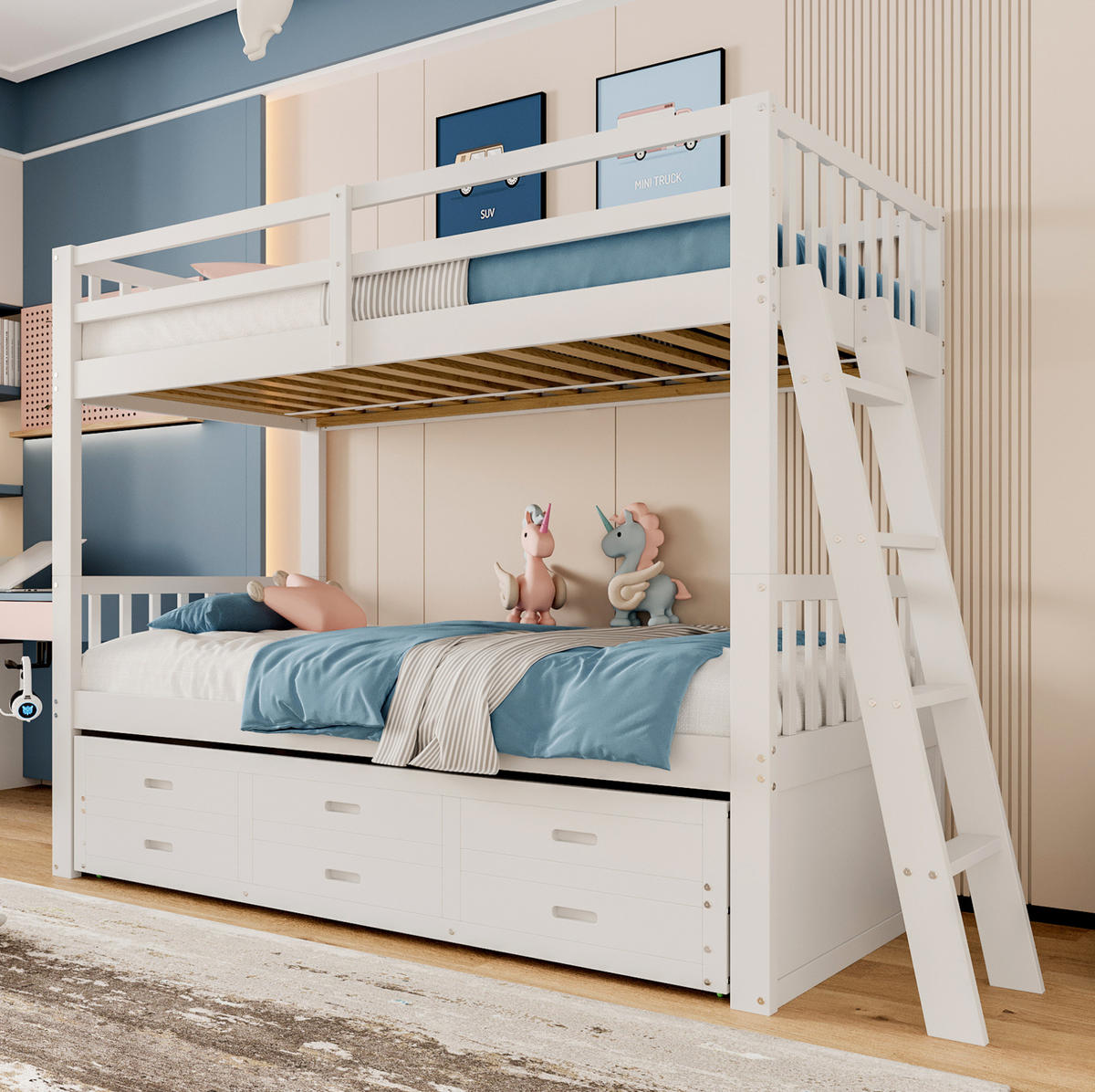 ETAGENBETT 90/200 cm aus Kiefer mit Ausziehbett und 3 Schubladen - Weiß, Holz (90/200cm) - BEAOK