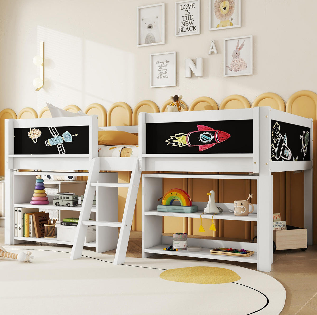 KINDERBETT Kindereinzelbetten 90/200 cm mit Stauraum, Sicherheitsgeländer und Zeichentafel, Weiß - Weiß, Holzwerkstoff (90/200cm) - Redom