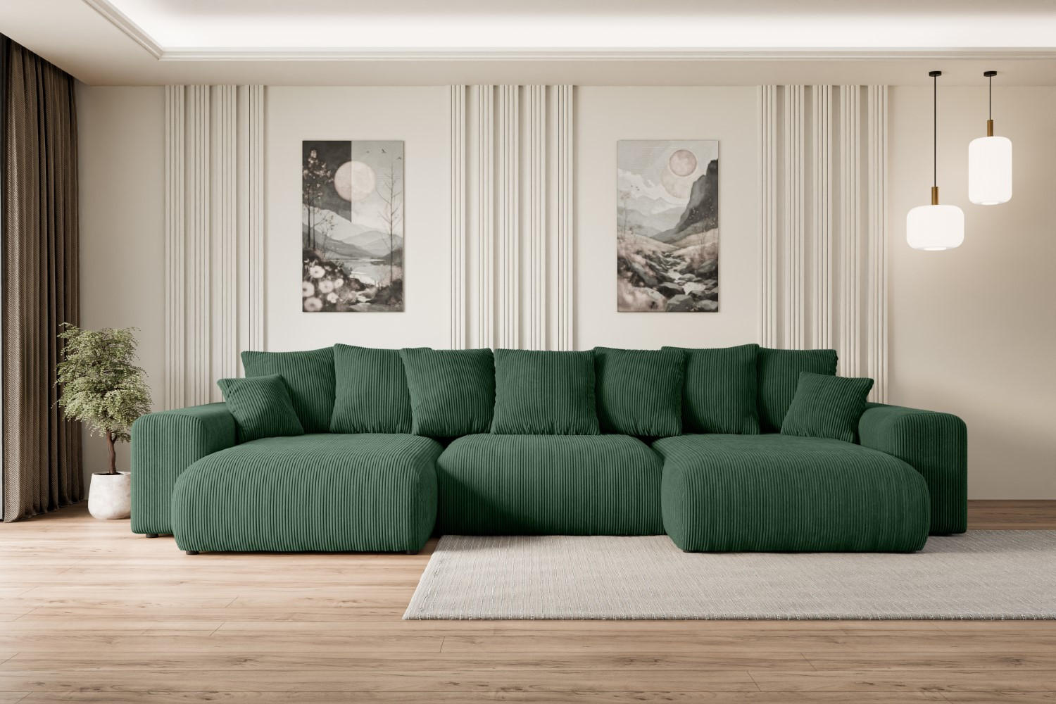 WOHNLANDSCHAFT mit Schlaffunktion und Bettkasten ESKAR-U -352x165x84cm Grün Cord - Schwarz/Grün, Holzwerkstoff/Kunststoff (352/84/165cm) - ALTDECOR