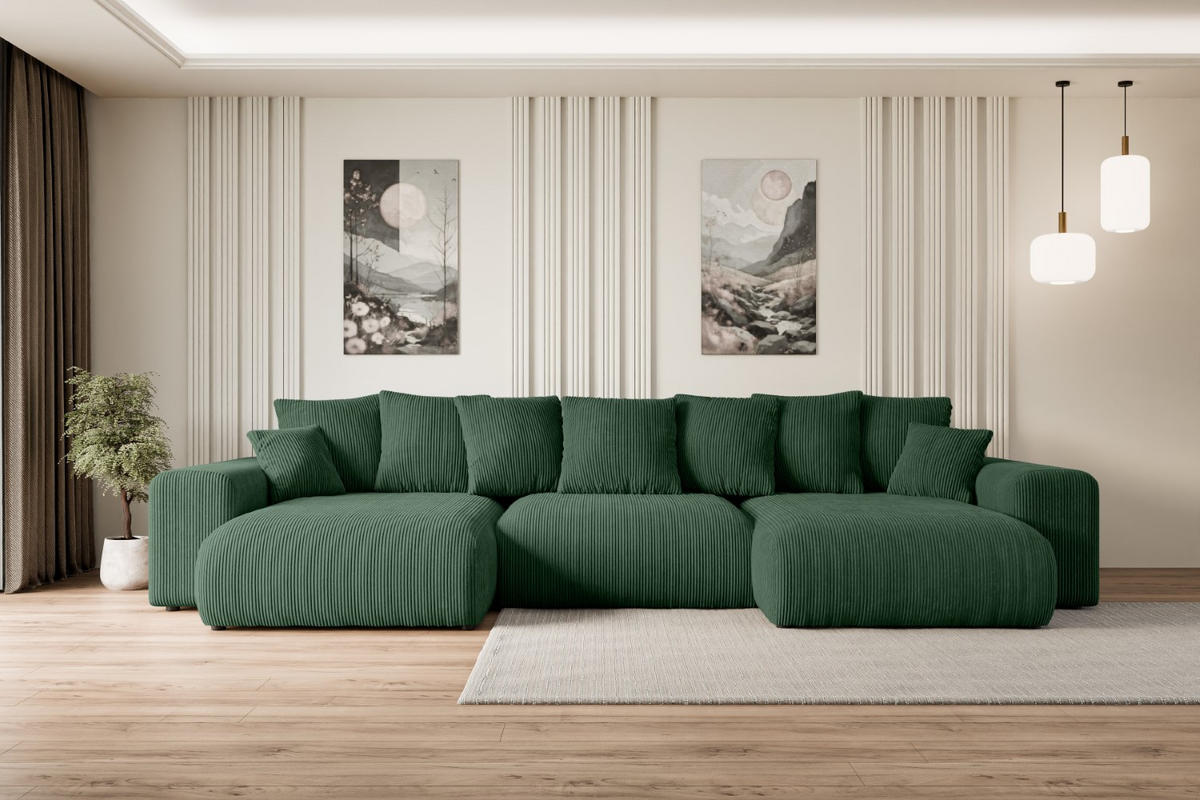 WOHNLANDSCHAFT mit Schlaffunktion und Bettkasten ESKAR-U -352x165x84cm Grün Cord - Schwarz/Grün, Holzwerkstoff/Kunststoff (352/84/165cm) - ALTDECOR