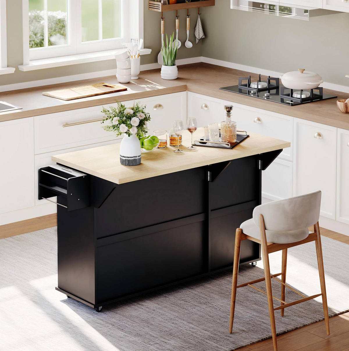 KÜCHENINSEL 137/89,5/45 cm Natur/Schwarz aus MDF mit klappbarer Arbeitsplatte - Naturfarben, Holzwerkstoff (70/89.5/137cm) - OKMYHOME