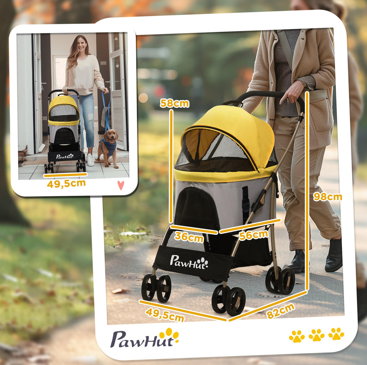 HUNDEWAGEN 2-in-1 faltbar, Gelb, mit Tragetasche und 4 Rädern - Gelb, Textil (49.5/98/82cm) - BEAOK