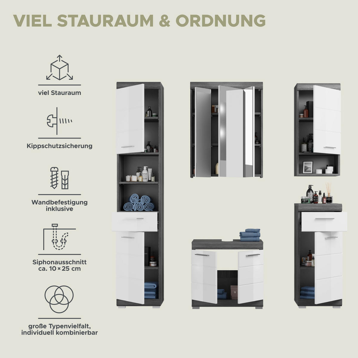 BADKOMBINATION 5tlg. Scout Bad in Rauchsilber Nachbildung und weiß hochglanz B/H/T: 164x191x34 cm - Anthrazit, Holz (164/191/34cm)