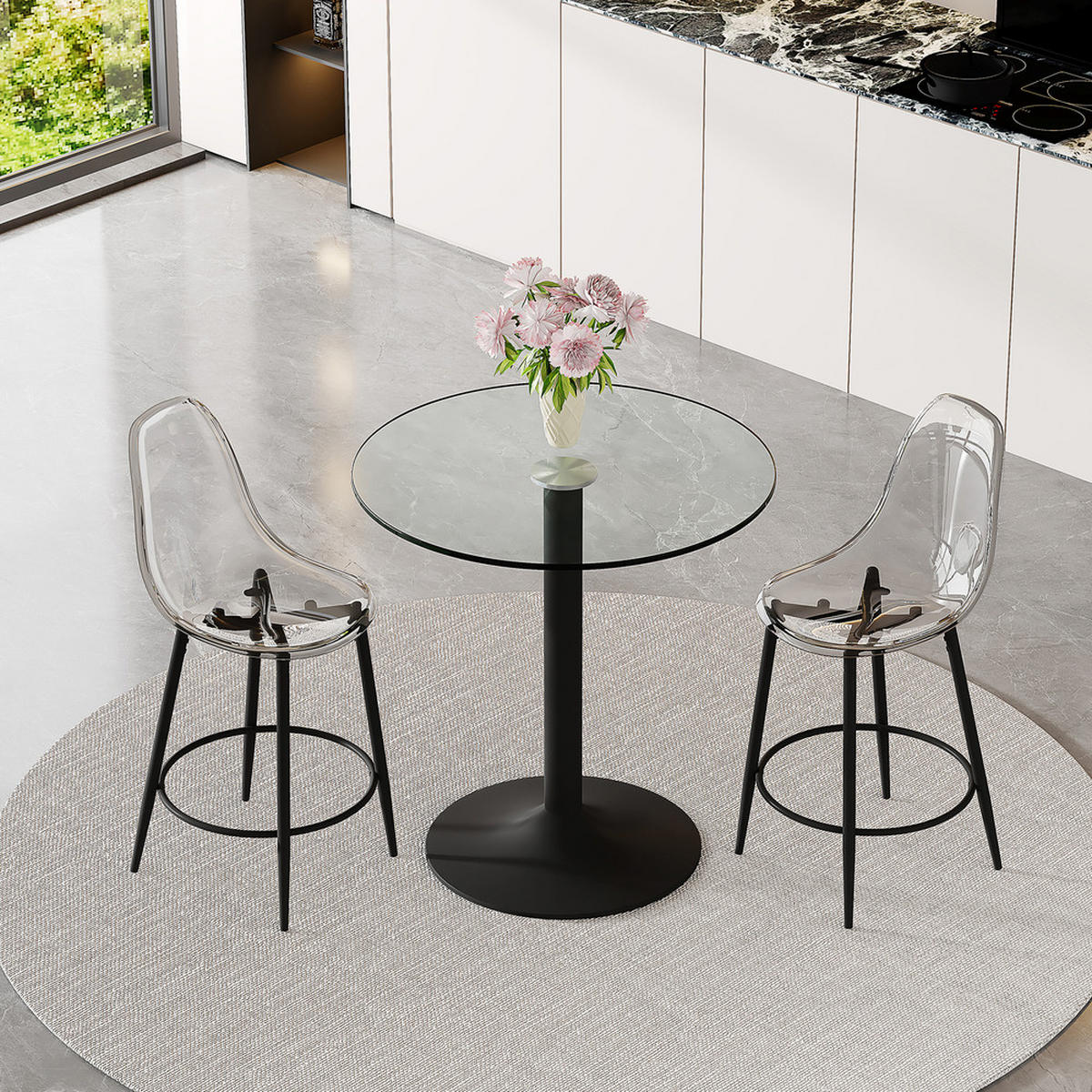 TISCHGRUPPE 3-tlg Glas 89 cm mit 2 Barhockern Metallgestell Schwarz - Transparent, Glas/Metall (80/11/94.5cm) - Raelunyi
