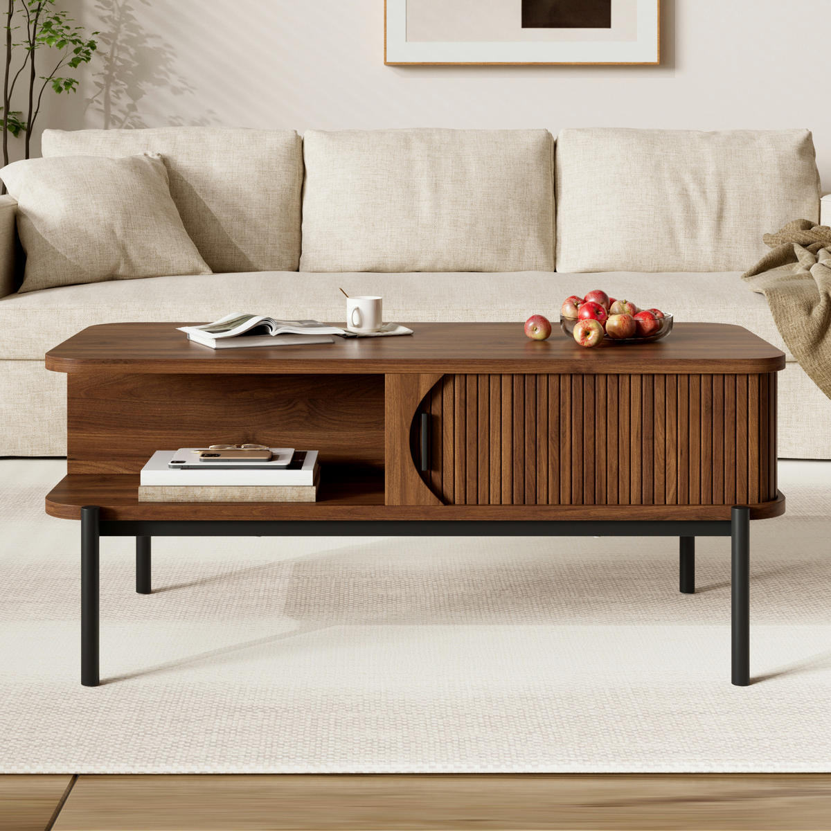 COUCHTISCH 100x45x43cm mit Stauraum und Schiebetüren - Walnussfarben, Holzwerkstoff (45/100/43cm) - FLIEKS