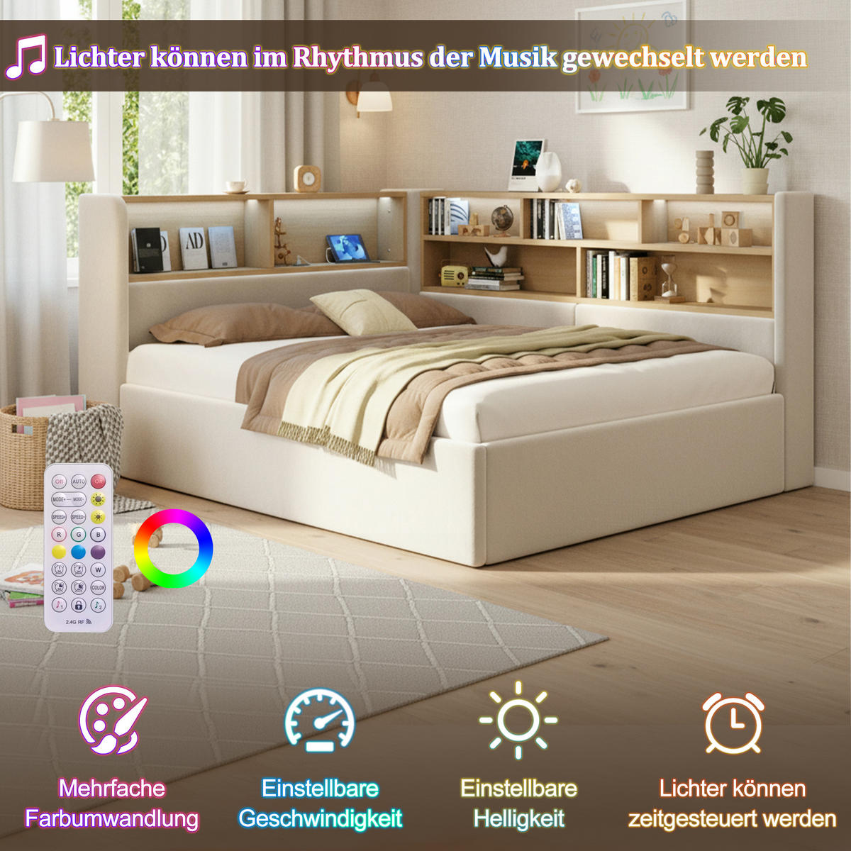 POLSTERBETT 140/190 cm in Beige Samt mit Bettkasten, LED und USB/Type-C - Beige, Holzwerkstoff/Textil (140/190cm) - WISHDOR